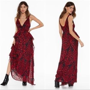 Nasty Gal • Red Jacquard Maxi Dress with Plunging V-Neckline